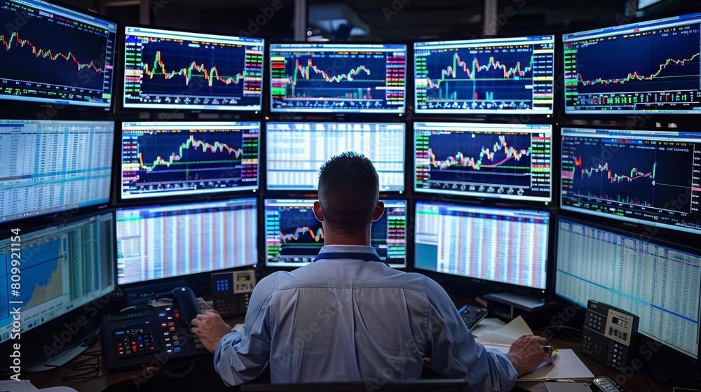 Aufkleber A trader monitoring stock market graphs on multiple screens, capturing the intensity and focus of financial decision-making.