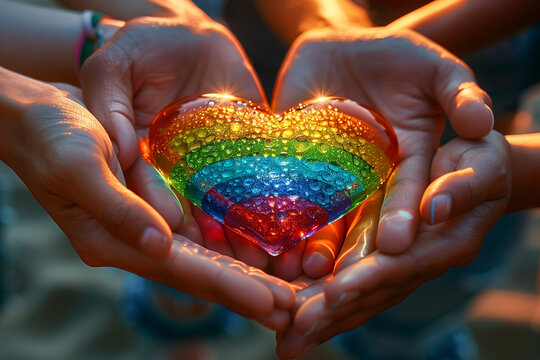 Many hands holding the rainbow heart of LGBT flag. Pride concept, 3D render, illustration
