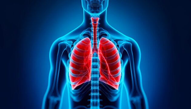 X-ray of a human thorax showing detailed medical pain anatomy of the lungs and airways Concept of respiratory health and pulmonary care