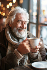 Senior man enjoying a cup of coffee at a cafe, smiling as he savors of his drink.