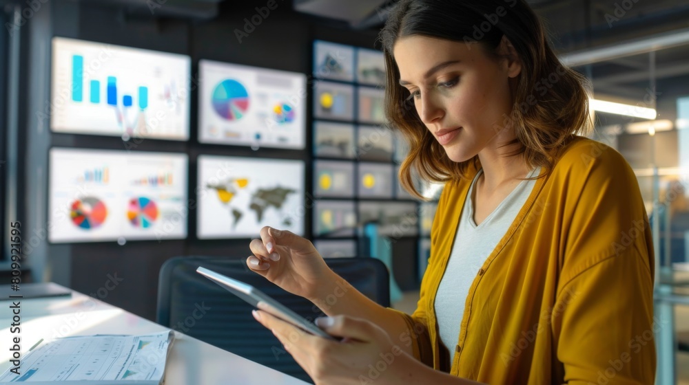 Poster A woman analyzing business data on a tablet while sitting in a modern office, surrounded by charts and graphs representing company performance.