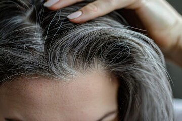Gray Hair Woman. Showing Roots and Grey Hair on Head, Needing Dye, with Hand