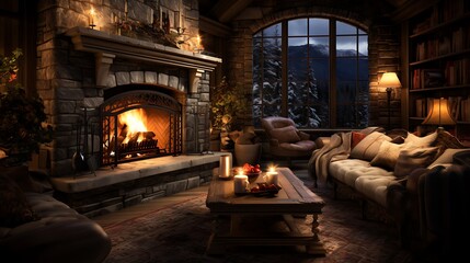 Cozy interiors with fireplaces and warm lighting.