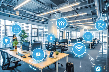 A smart office environment with IoT sensors optimizing energy usage, temperature control, and workspace efficiency.