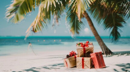 Blending holiday traditions, christmas gifts on a sunny tropical beach