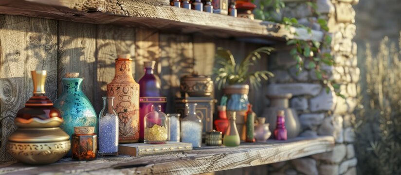 Illustration of occult magic magazine and shelf with various potions, bottles, poisons, crystals, salt. Alchemical medicine concept	