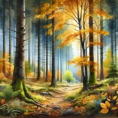 Obraz premium Autumn forest with trees and fallen leaves. Fantasy landscape. Digital painting generated by ai