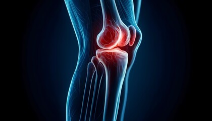 X-ray view of a human knee joint showing inflammation in the bones, Concept of knee pain and osteoarthritis diagnosis