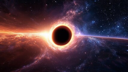 A black hole with an accretion disk in space, demonstrating intense gravitational effects bending light and matter. Space wallpaper.