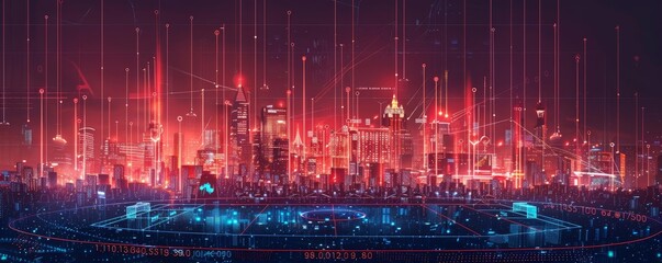 Fototapeta premium A digital painting of a futuristic city at night. The city is full of skyscrapers and bright lights. The sky is dark and there are stars in the distance.
