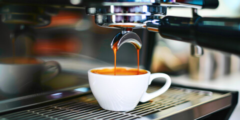 Espresso or coffee flows into a cup, close-up professional coffee machine
