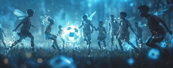 A group of children play soccer in a magical forest