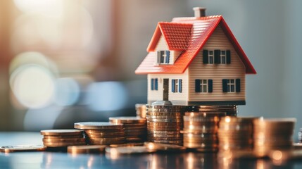 Stack of coins with small model house on the top of them