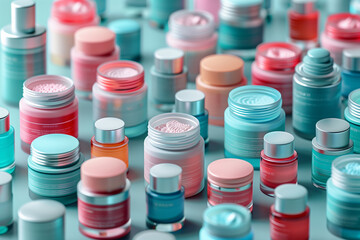 Editorial Mockup for advertising beauty care, composition of boxes and cosmetic bottles. Cosmetics concept, 3D render