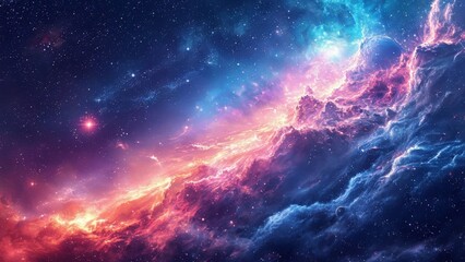 A vibrant cosmic scene with a nebula, stars, and interstellar clouds in various hues of blue and pink, depicting the beauty of outer space.