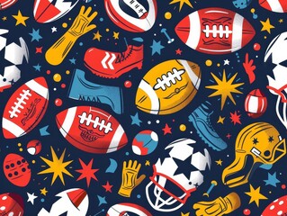 A seamless pattern of American football equipment, including footballs, helmets, gloves, and cleats. The pattern is in a retro style and has a navy blue background.