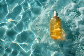 Bottle of cosmetic product near swimming pool, top view. Cosmetics concept, 3D render, empty mock up
