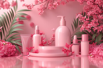 Editorial Mockup for advertising beauty care, composition of boxes and cosmetic bottles, pink, white and red colors. Cosmetics concept, 3D render