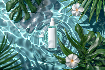 Bottle of cosmetic product near swimming pool, top view. Cosmetics concept, 3D render, empty mock up