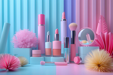 Editorial Mockup for advertising beauty care, composition of boxes and cosmetic bottles. Cosmetics concept, 3D render