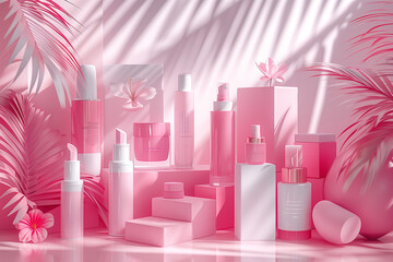 Editorial Mockup for advertising beauty care, composition of boxes and cosmetic bottles, pink, white and red colors. Cosmetics concept, 3D render