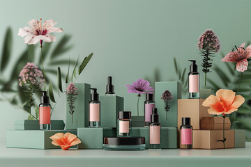 Editorial Mockup for advertising beauty care, composition of boxes and cosmetic bottles, natural colors. Cosmetics concept, 3D render