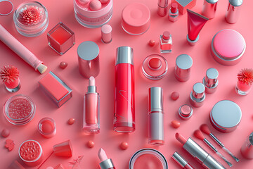 Editorial Mockup for advertising beauty care, composition of boxes and cosmetic bottles, pink and red colors. Cosmetics concept, 3D render, top view