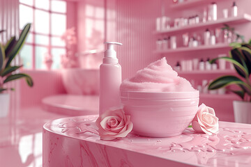 Editorial Mockup for advertising beauty care, composition of boxes and cosmetic bottles. Cosmetics concept, 3D render