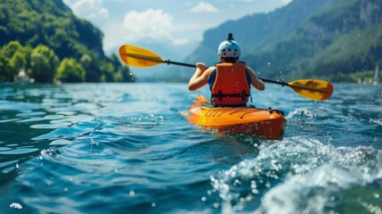A man is energetically paddling a kayak through the water, showcasing his strong strokes and skillful navigation.