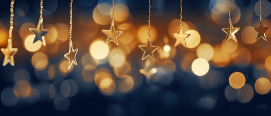 Christmas background with golden stars and bokeh lights. Banner.