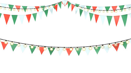 Obraz premium Christmas party decoration triangle party flags and stings of light bulbs, realistic illustration, green, white and red_ transparent background style A