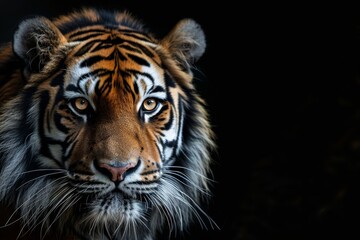 Fototapeta premium Tiger with a black background, also known as a Tiger, against a black backdrop, Ai generated