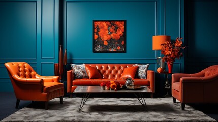 Deep blue walls and teal carpeting offset by warm orange hues.