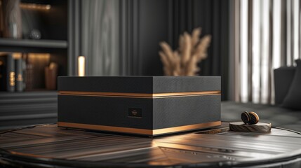 Luxurious black storage box with golden accents on a modern wooden table in a sophisticated...