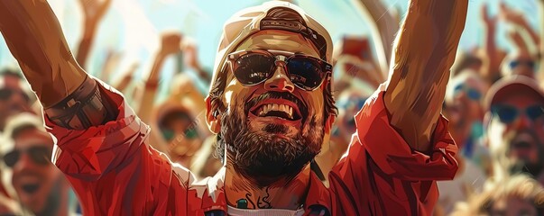 A young male with tattoos on his arms is at a concert with his arms in the air, enjoying the music. He is wearing a red shirt and a hat. The background is blurred.