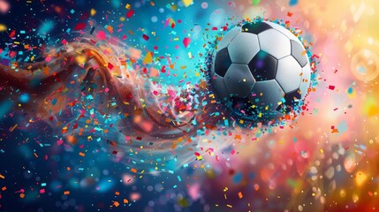 Fototapeta premium A professional photograph of a soccer ball in motion, with a colorful and dynamic background