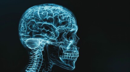A striking digital illustration of a human skull and brain in x-ray vision, highlighting intricate neural and skeleton details.
