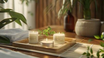 A vacant product spot on a bamboo tray in a serene spa setting, with aromatic candles and gentle...
