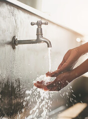 Woman, water and washing hands with tap from sink in public bathroom for hygiene, bacteria and...