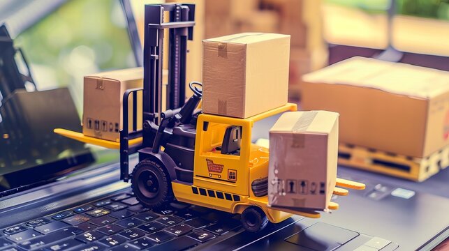 Logistics and supply chain concept depicted with a forklift moving a pallet of boxes on a laptop, representing the global spread of e-commerce
