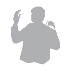マイクを持って演説するあるいは歌を歌う男性のシルエットイラスト　グレー