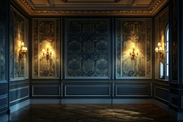 Wall and copy space in an empty elegant room at night, Empty elegant dark room at night with copy space concept, Ai generated