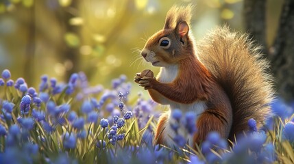 A red squirrel perches on a meadow with a nut in its paws. The squirrel has fluffy fur and a bushy tail. The meadow is covered in blue wildflowersA