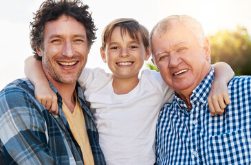 Portrait, father and grandfather with kid in outdoor park for happiness, support and bonding together. Lens flare, family and generations of men with smile for legacy, morning walk or weekend break