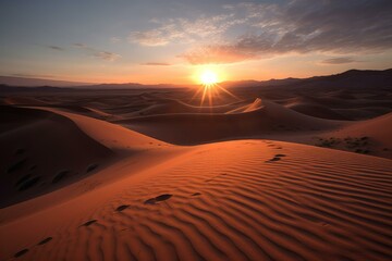 Scenic sunrise casting golden light and long shadows over the tranquil sand dunes