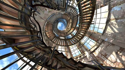 A spiral staircase with a glass ceiling