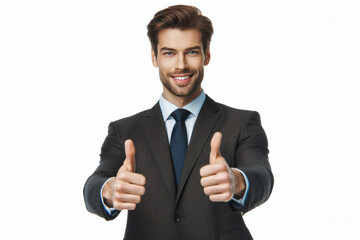 Businessman pointing thumbs up isolated on white background