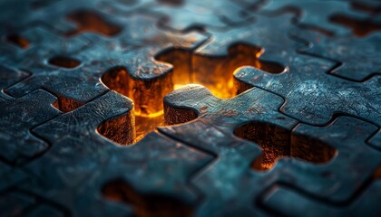 A glowing puzzle piece is missing from a dark puzzle.