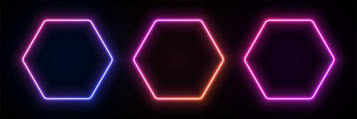 Hexagon neon frame. Light gradient border. Laser geometric shape. LED template for banners and flyers design. Fluorescent futuristic portal.