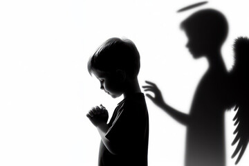 child with his shadow as an angel silhouette isolated on white background